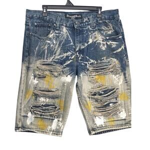 Diamond Stash Mens Jorts Jean Shorts Distressed Paint Splatter Yellow Smoke Wash